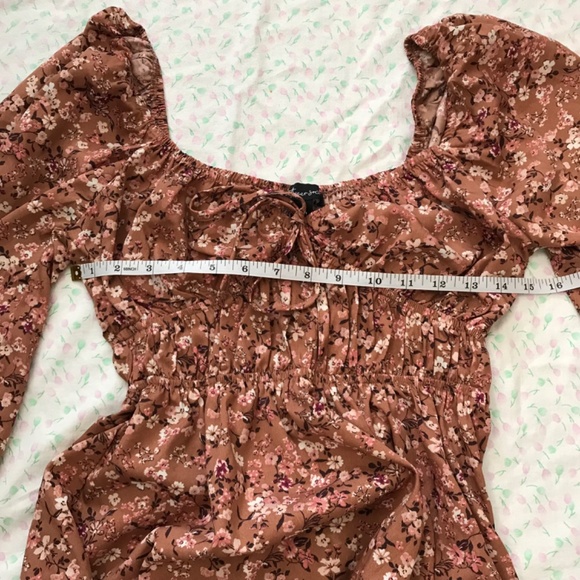 Streetwear Society Sweetheart Neckline Tie Floral Dress S Brown Pink Long Sleeve - Picture 11 of 15